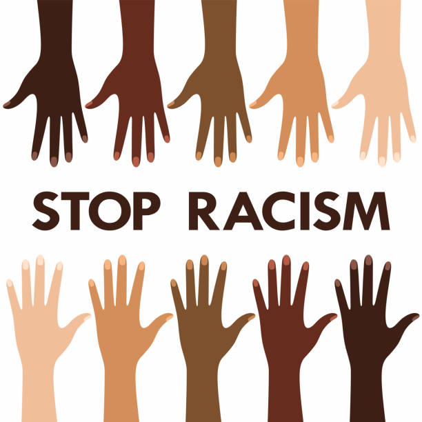 ilustrações, clipart, desenhos animados e ícones de cartaz contra o racismo e discriminação com mãos com diferentes cor da pele - racismo