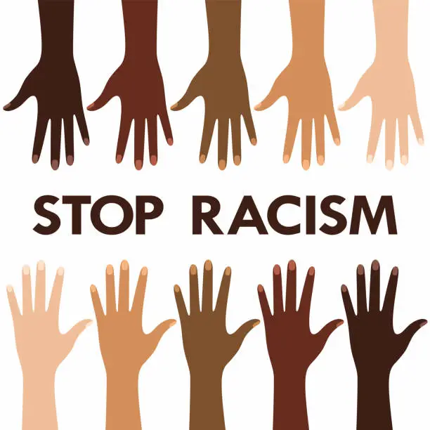 Vector illustration of Poster against racism and discrimination with hands with different skin color