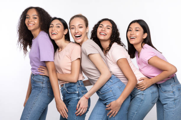 istock Positive Multicultural Ladies Embracing Posing Having Fun Over White Background 1273282215