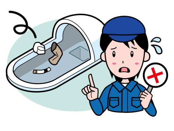 Don't throw trash in the bathroom Don't throw trash in the bathroom toilet sign in japanese style stock illustrations
