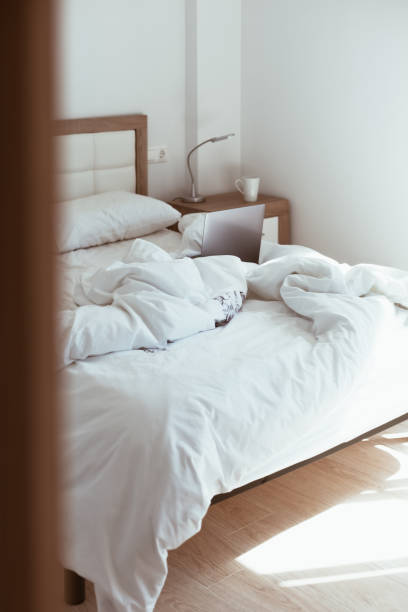 istock Working home isolation concept. Laptop in bed 1273283829