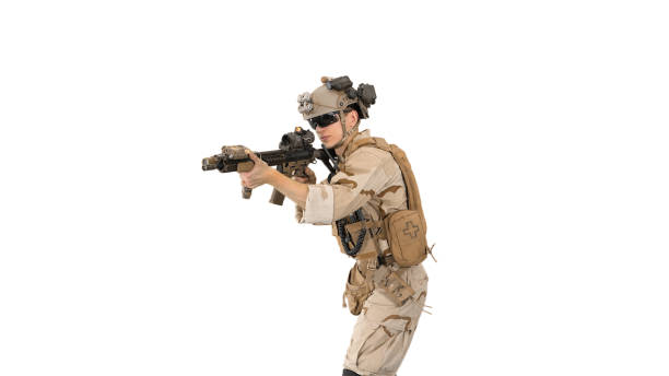 istock Soldier aiming with an assault rifle on white background 1273286947