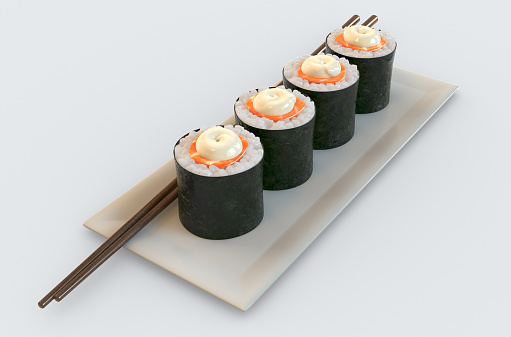 Four pieces of sushi maki made with salmon and a garnish of mayonnaise presented on a rectangular dish with chopsticks on an isolated white background - 3D render
