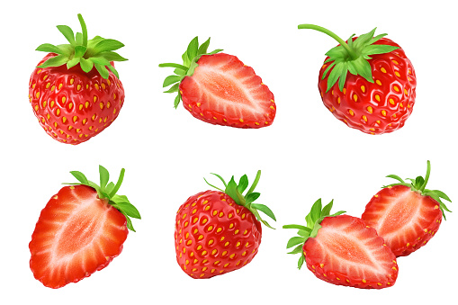 Strawberry and half isolated on white background. Fresh berry with full depth of field. Set or collection.