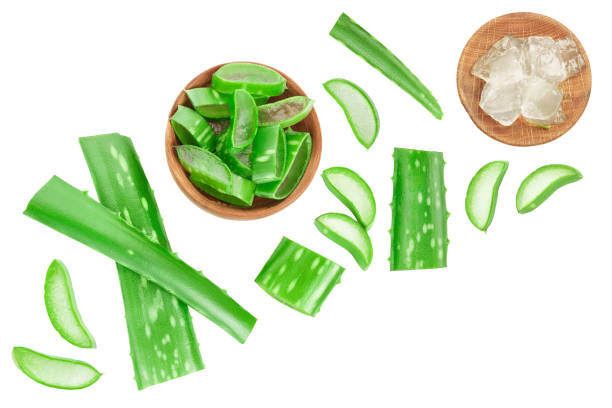istock Aloe vera sliced in bowl isolated on white background with clipping path and full depth of field. Top view. Flat lay with copy space for your text 1273288165