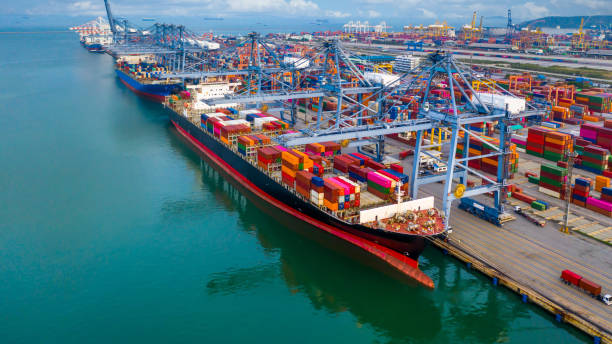 istock Container ship, Freight shipping maritime vessel, Global business import export commerce trade logistic and transportation oversea worldwide by container cargo ship boat, Aerial view. 1273288216