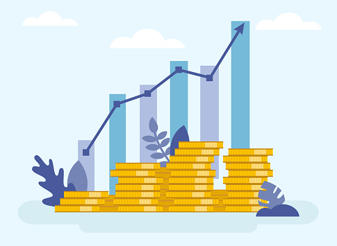 Concept Of Financial Business Plan, Revenue Growth Infographic. Increasing Stacks Of Money With Arrow, Growing Graph Icon, Chart Increase Profit, Growth Success Arrow Icon. Flat Vector Illustration.