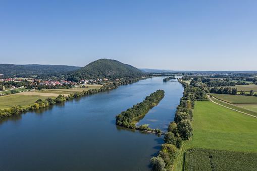 Image of an aerial view with a drone of the fields and meadows around Regensburg, Germany
