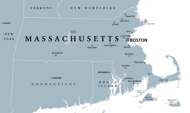 ilustrações, clipart, desenhos animados e ícones de massachusetts, mapa político cinza, comunidade de massachusetts, ma - new england region