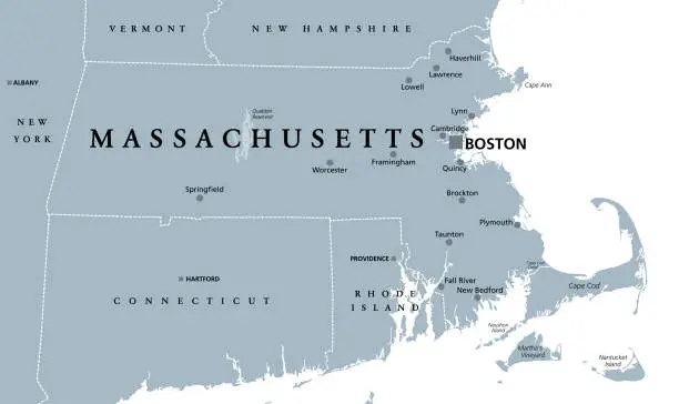 Vector illustration of Massachusetts, gray political map, Commonwealth of Massachusetts, MA