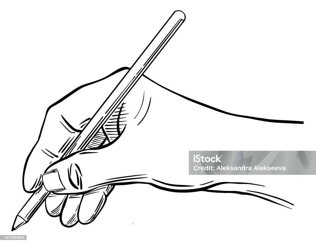 Sketch hand holding ball pen Sketch hand holding ball pen. Engraved style vector illustration Hand stock vector