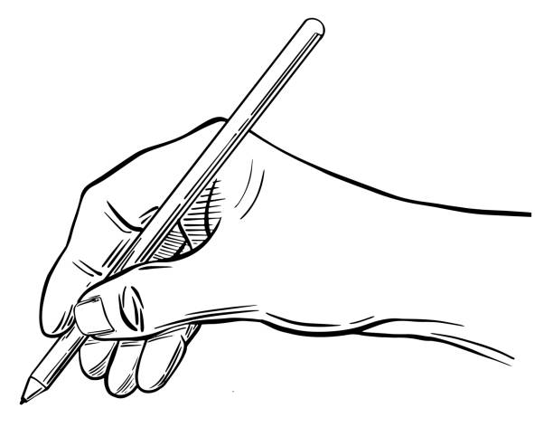 Sketch hand holding ball pen Sketch hand holding ball pen. Engraved style vector illustration pencil illustrations stock illustrations