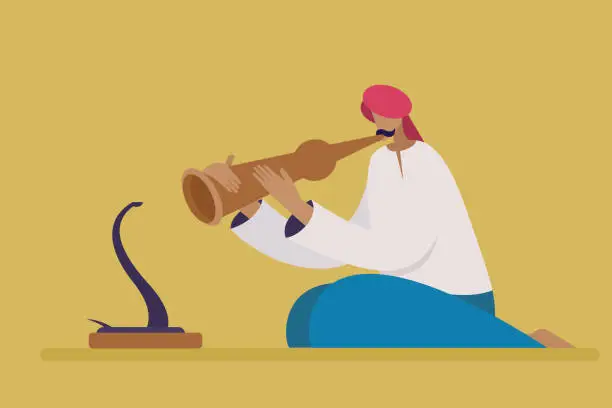 Vector illustration of Illustration of a traditionally dressed Indian snake charmer with snake