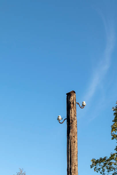 istock Old wooden power transmission pole with two ceramic insulators 1273294237