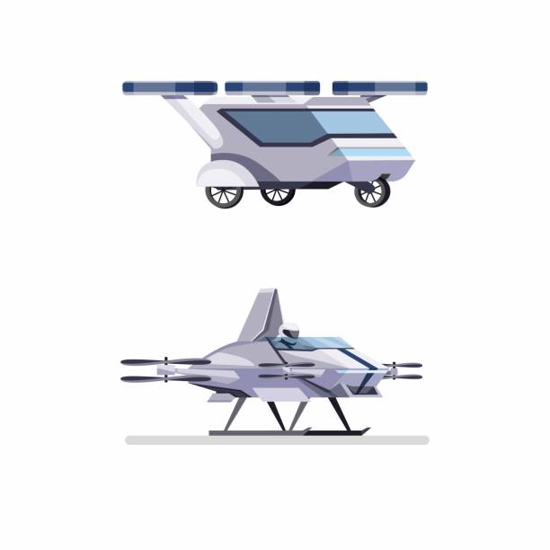illustrations, cliparts, dessins animés et icônes de drone de voiture volant futuriste avec le concept de passager dans le vecteur plat d’illustration de dessin animé isolé dans le fond blanc - drone futuristic