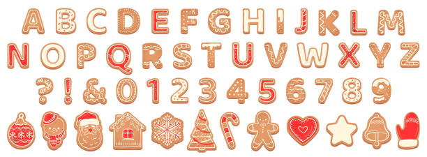 пряничный алфавит. рождественское печенье и печенье письма для рождественских праздничных сообщений. тесто пряники английский детский шр� - holiday cookies stock illustrations