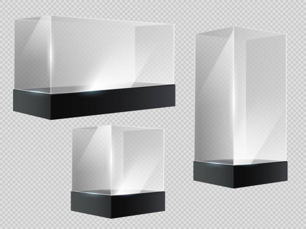 ilustrações de stock, clip art, desenhos animados e ícones de glass cube. transparent plastic showcase, empty retail or museum display in block shape in perspective. 3d prism stands, aquarium vector set - rectangle vector three dimensional refraction