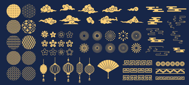 illustrations, cliparts, dessins animés et icônes de éléments chinois. motifs décoratifs et lanternes décoratifs d’or asiatiques de nouvel an, fleurs, nuages et ornements ensemble de vecteurs de style oriental traditionnel - chinese background