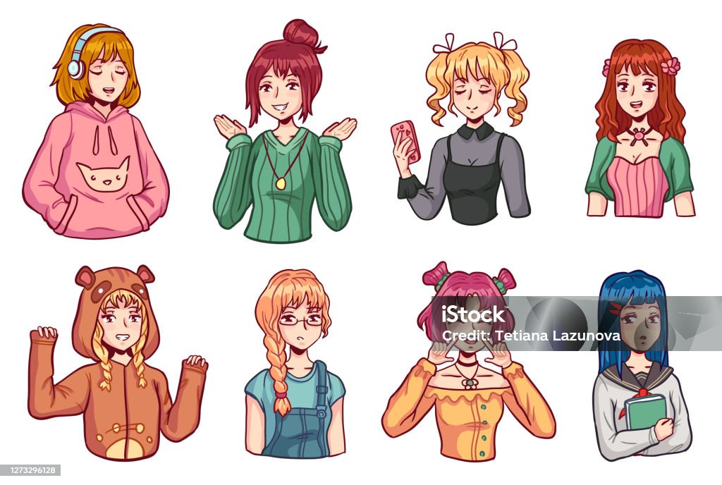 Ilustración de Kit De Personajes De Chicas De Anime Chica Manga Con  Smartphone Auriculares Y Libro Adolescentes Femeninas En Ropa Casual Estilo  Japonés Conjunto Vectorial y más Vectores Libres de Derechos de