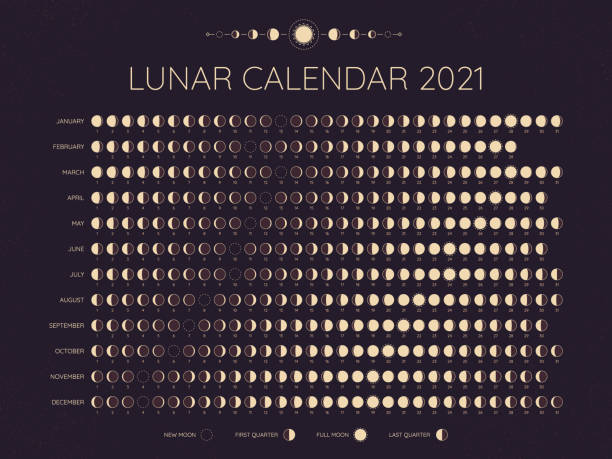 달 달력 2021. 음력 단계주기 는 전체 날짜입니다. 그 사이의 새롭고 모든 단계, 달 일정 월간 연도 벡터 일러스트 - lunar year stock illustrations