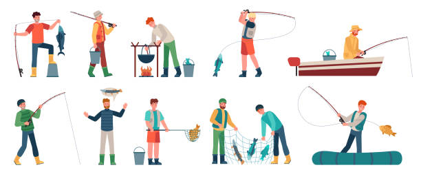 ilustrações de stock, clip art, desenhos animados e ícones de cartoon fisherman. fishermen in boats holding net or spinning. fisher with fish, fishing accessory, hobby angling vacation vector characters - catch of fish illustrations