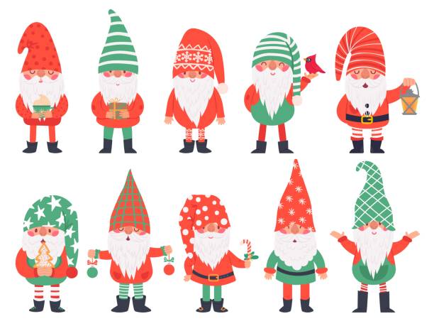 Christmas dwarfs. Funny fabulous gnomes in red costumes, xmas gnome with lantern traditional decoration, winter holiday vector characters Christmas dwarfs. Funny fabulous gnomes in red costumes, xmas gnome with lantern traditional decoration, winter holiday vector characters. Illustration christmas dwarf character collection Gnome stock illustrations