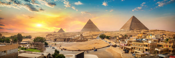 Panorama of Giza Sphinx and pyramids in the egyptian desert pharaoh photos stock pictures, royalty-free photos & images