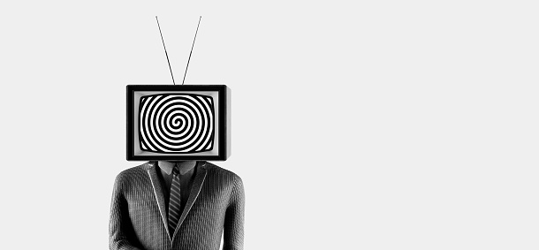 Business man with an old tv instead of head. Mass media addiction. Television manipulation and crowd control. 3d render 3d illustration