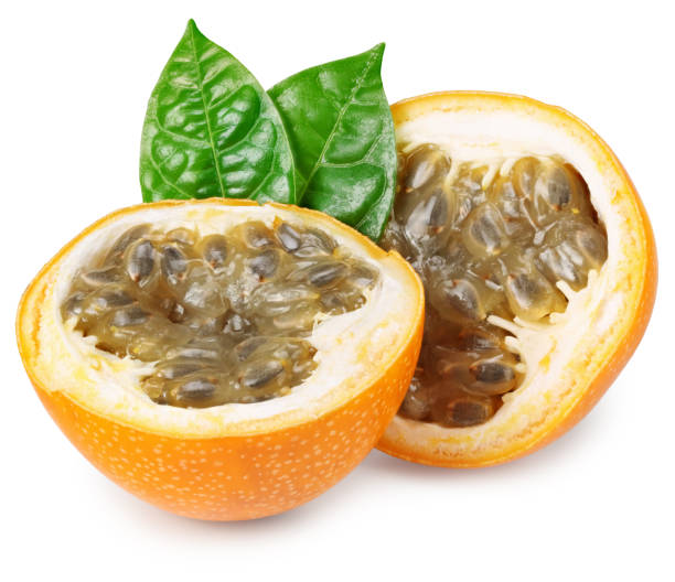 istock Granadilla or yellow passion fruit with green leaves isolated on white background. exotic fruit. full depth of field 1273299440