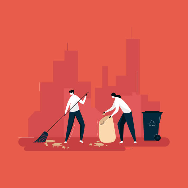 ilustrações de stock, clip art, desenhos animados e ícones de people cleaning and collecting garbage concept, ecology protection - wasting time