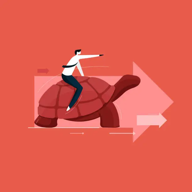 Vector illustration of slow and secure moving concept, businessman moving forward with turtle speed, think different