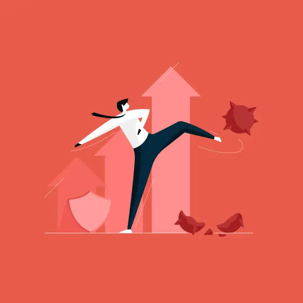 Vector illustration of aggressive businessman kicking and fighting to protect his business success