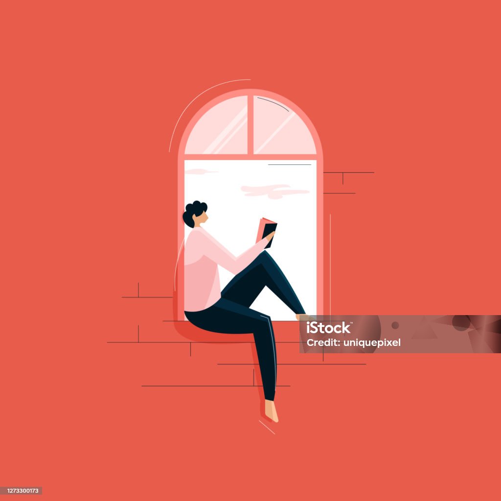 person sitting on window and reading book Reading stock vector