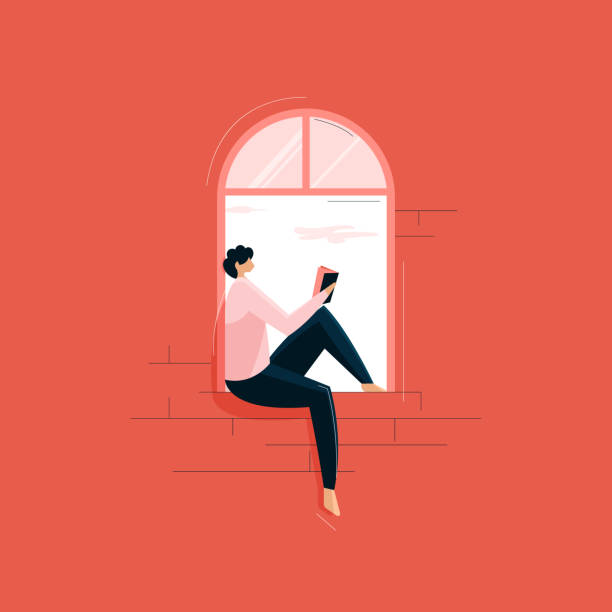person sitting on window and reading book person sitting on window and reading book reading stock illustrations