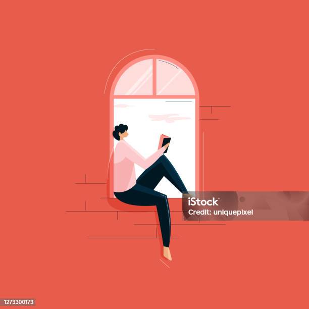 Person Sitting On Window And Reading Book Stock Illustration - Download Image Now - Reading, Book, Window