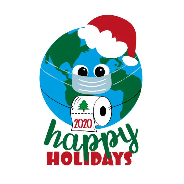 Vector illustration of Happy Holidays - Cute Earth Planet in mask with toilet paper.
