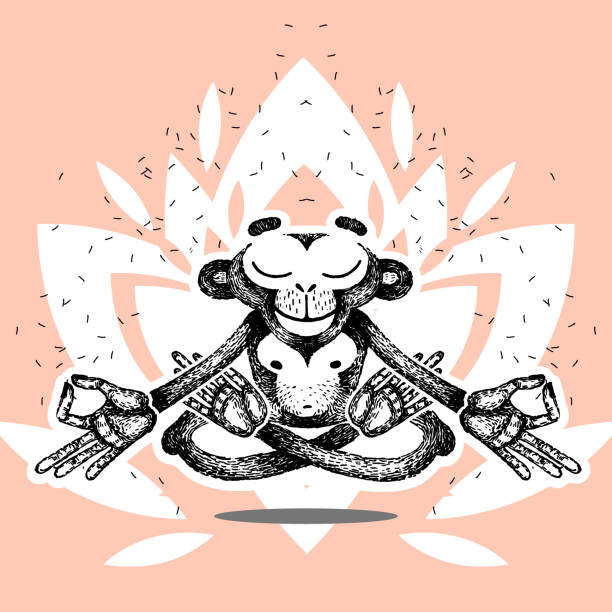 ilustrações de stock, clip art, desenhos animados e ícones de monkey is meditating, levitates, sits in a lotus position and keep calm. vector illustration in retro style. template for tattoo. vintage graphics. - balance health well being background white