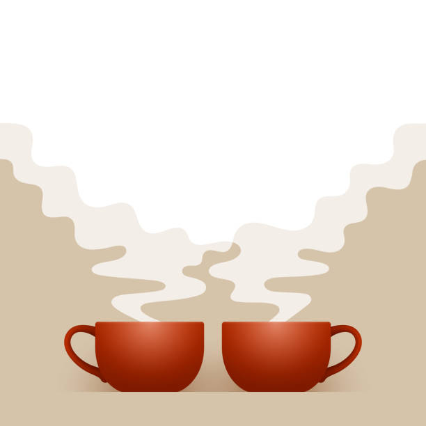 ilustrações, clipart, desenhos animados e ícones de duas xícaras de cerâmica de bebida quente fresca e vapor branco - coffee color