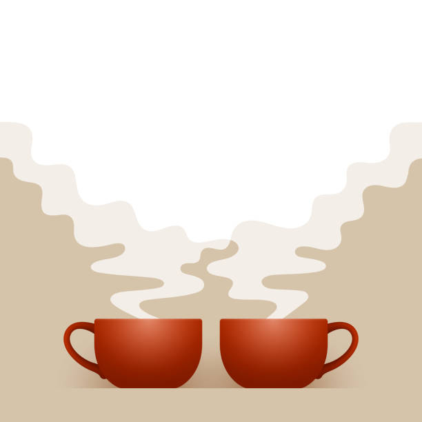 Two ceramic cups of fresh hot drink and white steam vector art illustration