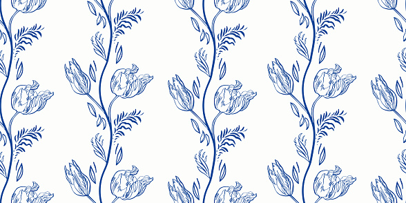 Vertical blue antique porcelain floral border. Vintage kitchen, hand drawn botany tulip garland design. Line art florals on white background. Elegant nature background. Perefect for kitchen utensils, textile and home decor.