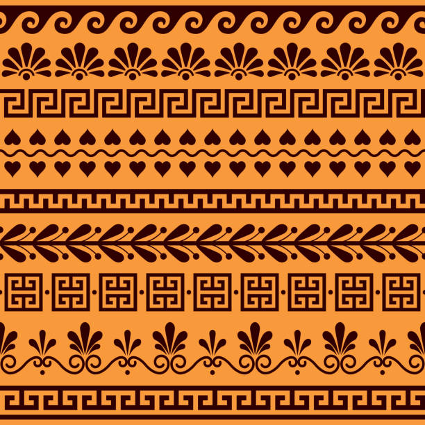 ilustraciones, imágenes clip art, dibujos animados e iconos de stock de conjunto de patrones vectoriales sin costura griegos - ornamento floral y geométrico antiguo, patrón clave en marrón y naranja - key pattern