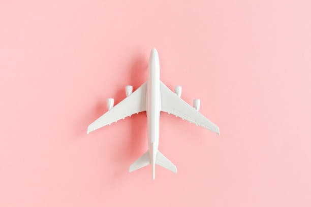 istock White model plane, airplane on pink background. Top view, flat lay. Banner 1273306169