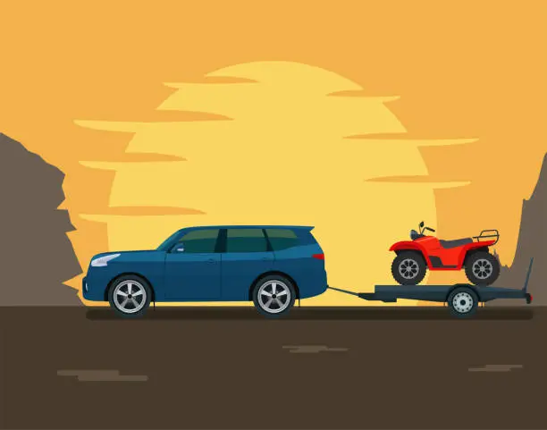 Vector illustration of SUV car tows a trailer with a ATV