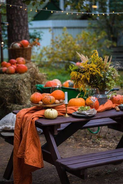istock Fall themed holiday table setting arrangement for a seasonal party 1273307966