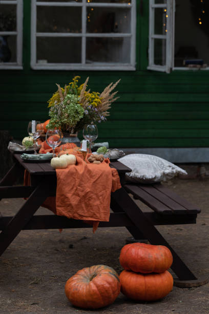 istock Fall themed holiday table setting arrangement for a seasonal party 1273307989