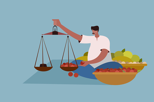 Vegetable Seller Weighing The Vegetables In The Market A Scene From Indian  Market Stock Illustration - Download Image Now - iStock