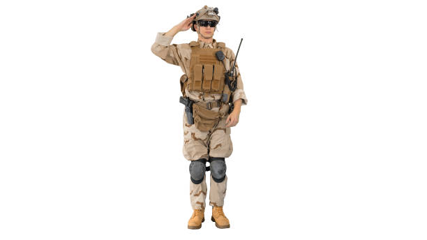 istock Military soldier in uniform salutes on white background 1273308694