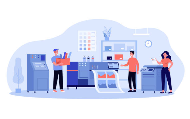 Print production concept Print production concept. Typography workers using big commercial printer for printing colorful posters. Vector illustration for ad agency, printing industry, typography topics printer occupation stock illustrations