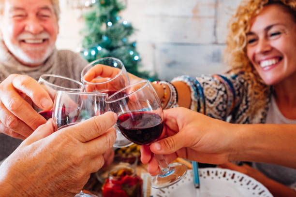 famille et amis de personnes gaies toastant avec le vin rouge - arbre vert de noël de noel en arrière-plan - célébrer et concept traditionnel d’événement pour l’adulte caucasien et aîné - senior adult photograph photography family tree photos et images de collection