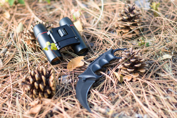 istock karambit knife and binoculars between fir cones on the ground in the forest 1273314874